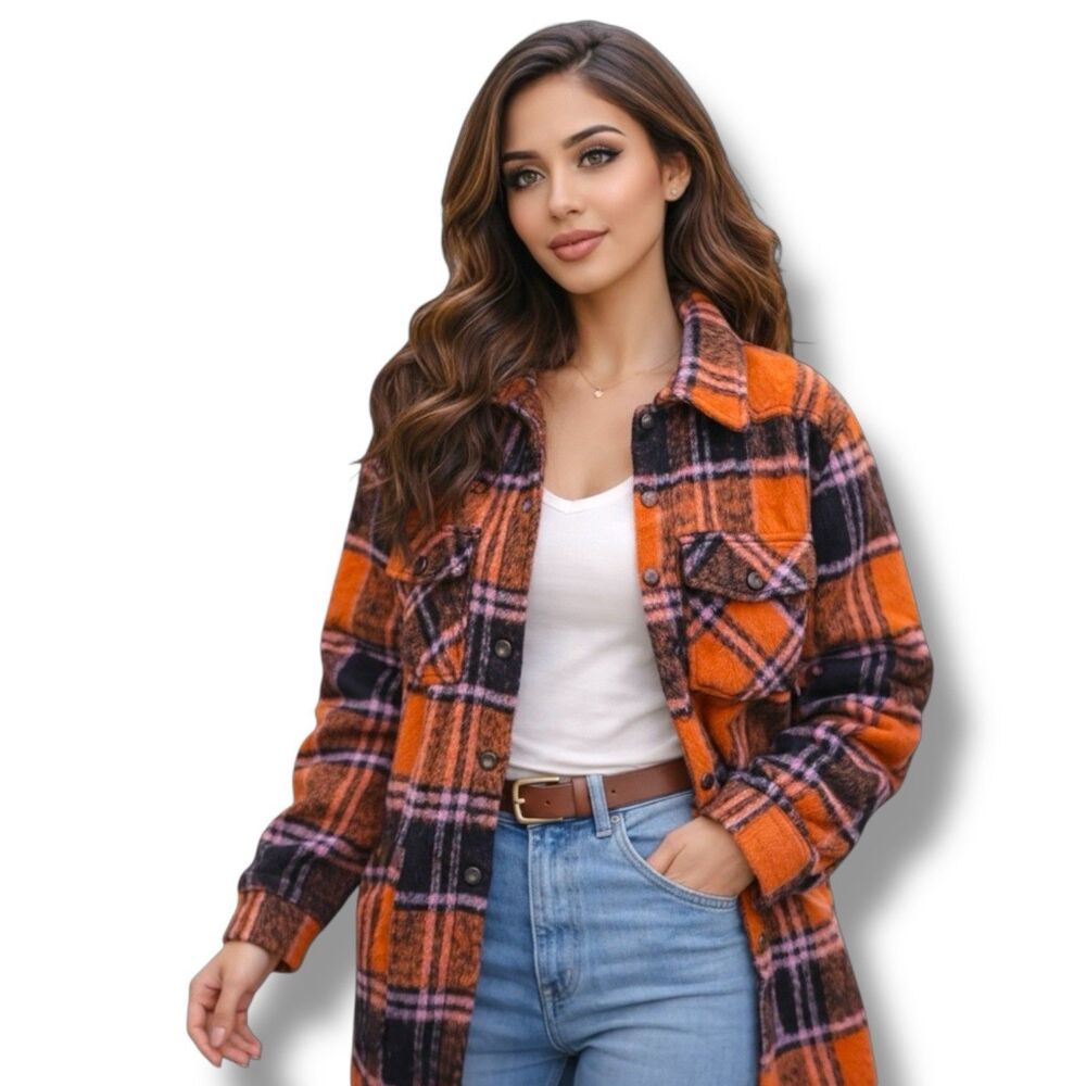 Blank NYC Orange Plaid Oversized Button Front Shacket